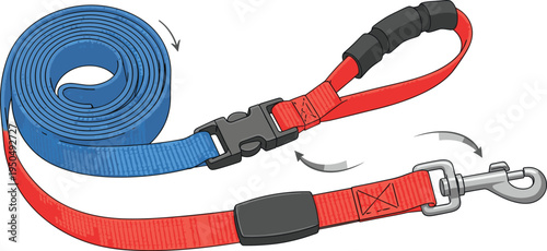 Retractable Dog Leash Vector Illustration with Adjustable Handle Grip, Metal Clip Hook and Nylon Strap for Pet Walking Equipment Design