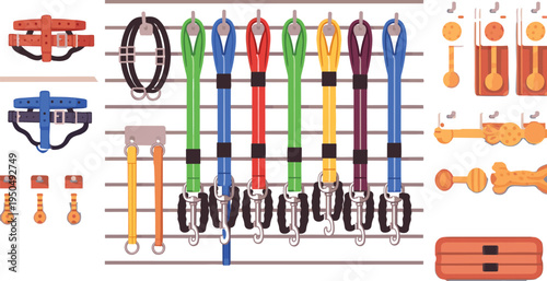 Pet Collar and Dog Leash Accessories Vector Set with Harness, Toys, Hooks and Hanging Display Rack for Pet Shop Equipment Illustration