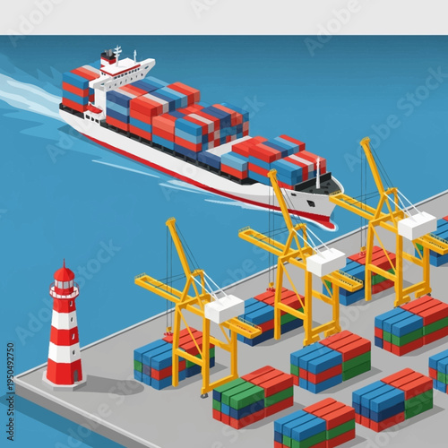 Container Ship Docked at Industrial Port with Cranes and Lighthouse.