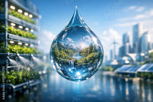 World Water Day crystal water droplet with lush ecosystem refraction highlighting freshwater sustainability vertical farm eco city precision irrigation blue economy conservation innovation wellbeing