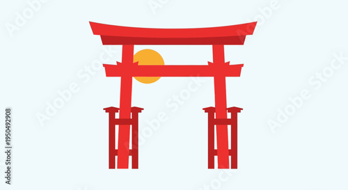 Red Torii Gate with Rising Sun, Traditional Japanese Architecture and Culture Symbol