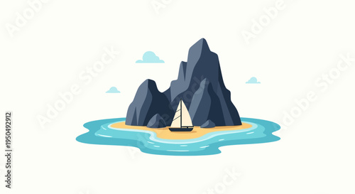Sailboat near rocky island and tropical beach