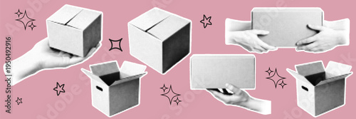 Halftone pop art dot cardboard box open box closed box delivery package shipping logistics ecommerce vector illustration