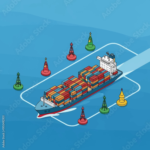 Container Ship Navigating Through Buoys in Open Water.