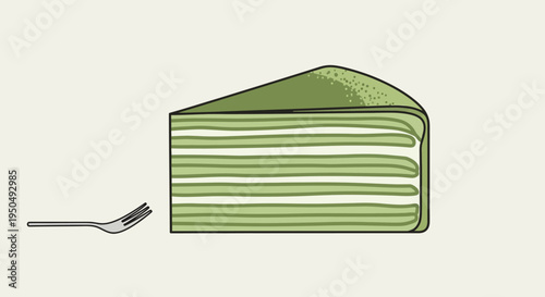Slice of Matcha Mille Crepe Cake with Fork on Plain Background