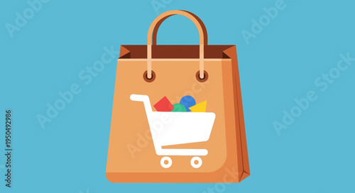 Shopping Bag Icon with Shopping Cart and Colorful Items, E-commerce Concept