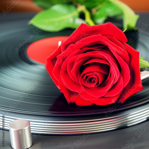 Rose and Vinyl Record A rose resting on a spinning turntable