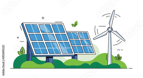 Renewable Energy: Solar Panels and Wind Turbine in Green Landscape