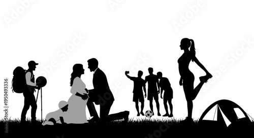 Silhouette of wedding proposal, hikers, soccer players, and woman stretching in nature
