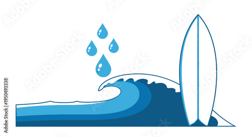 Vector surfing icon with wave and water droplets