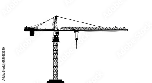 Silhouette of a construction tower crane against a white background