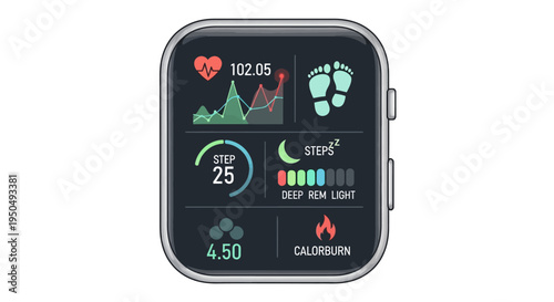 Smartwatch Health Tracker Displaying Fitness Data - Heart Rate, Steps, Sleep, Calories