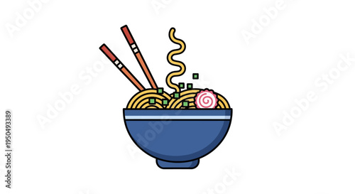 Japanese Ramen Noodles in Blue Bowl with Chopsticks, Delicious Asian Food Illustration