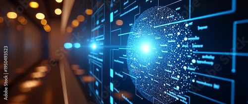 Futuristic digital interface wall with data points gently pulsating; slow camera pan enhances the cinematic ambiance, showcasing innovation and technology with dynamic lighting effects.