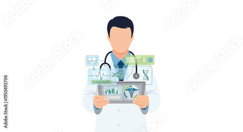 Doctor Using Futuristic Medical Technology on Tablet and Hologram Interface