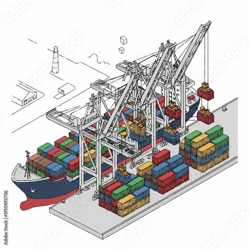 Container Ship Loading and Unloading at Port with Cranes.