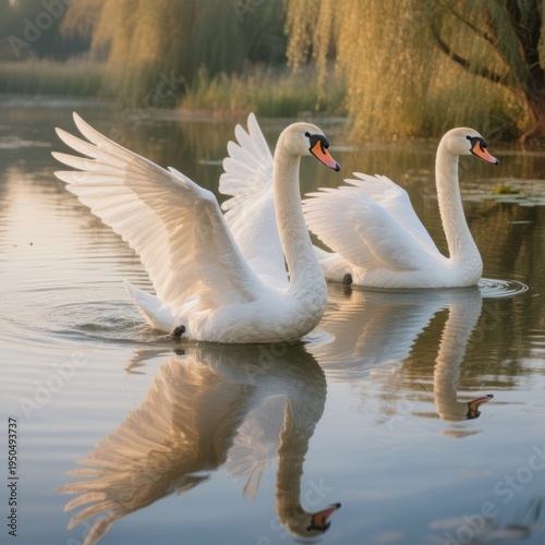 Swans Swans glide gracefully across the pond their wings outstre