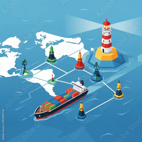 Container Ship Navigating Through Maritime Buoys and Lighthouse.