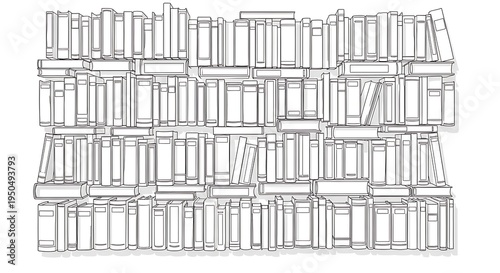 Numerous bound volumes are stacked closely together on unseen shelves forming a large library display.