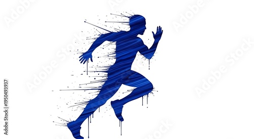A dynamic silhouette of a running man depicted with vibrant blue paint splatter and drip effects