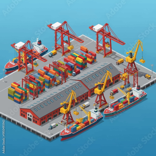 Isometric Port Terminal with Cranes and Cargo Containers.