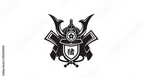 Japanese Samurai Helmet Emblem with Cherry Blossom and Kanji