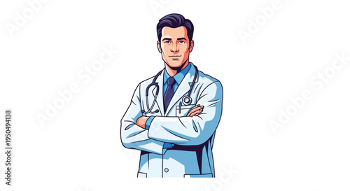 Illustration of a male doctor with a stethoscope around his neck and arms crossed, conveying medical appreciation on Doctors' Day in a professional and healthcare setting