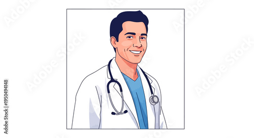 An illustration of a smiling male doctor wearing a white lab coat and stethoscope on Doctors' Day in the USA, symbolizing medical appreciation and healthcare