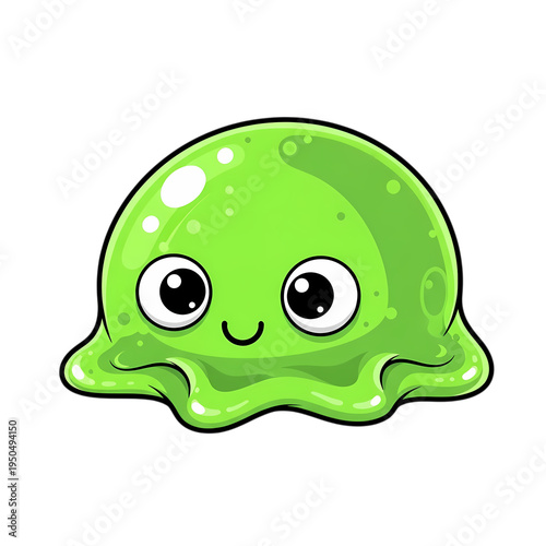 A cartoon green slime character with big eyes and a smile on transparent background