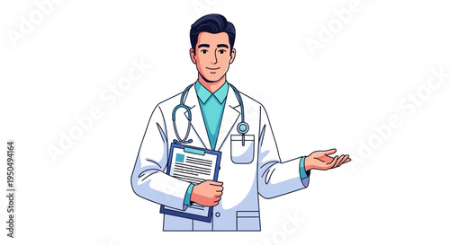 An illustration of a male doctor wearing a stethoscope and holding a clipboard, gesturing with one hand on a clean white background, conveying a medical appreciation theme