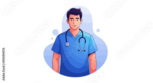 A smiling male doctor wearing blue scrubs and a stethoscope stands confidently in a clean design for Doctors' Day in the US
