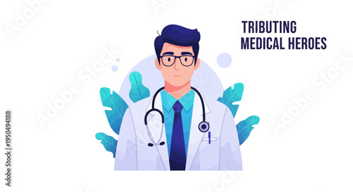 A smiling male doctor with a stethoscope around his neck stands confidently in a colorful medical illustration for Doctors' Day in the US