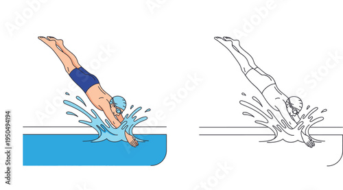 Male swimmer diving into swimming pool with water splash, colored and line art vector illustration