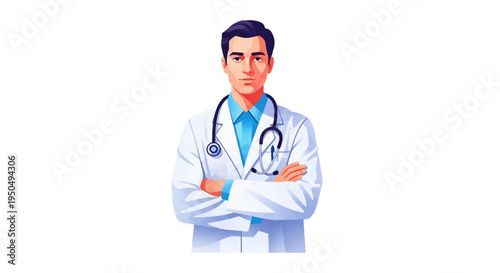 A confident male doctor with a stethoscope around his neck stands with arms crossed, wearing a white lab coat and blue shirt, conveying a sense of medical professionalism on Doctors' Day