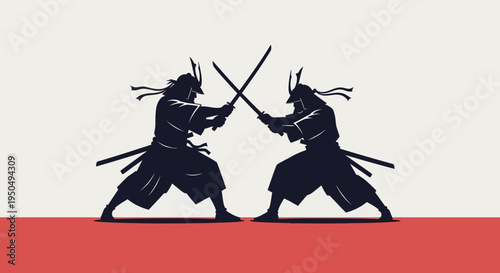 Silhouette Samurai Warriors Duel with Swords, Japanese Martial Arts