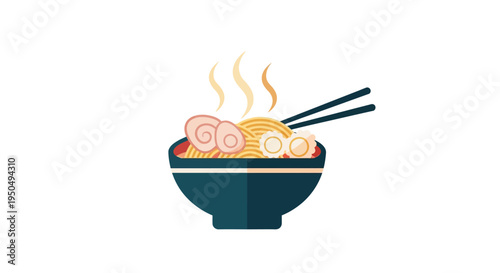 Steaming Bowl of Ramen Noodles with Chopsticks - Delicious Japanese Food Illustration