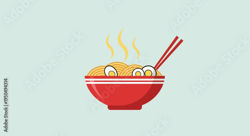 Steaming Bowl of Ramen Noodles with Egg and Chopsticks, Delicious Asian Food Illustration