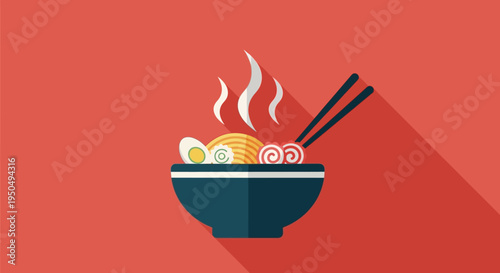 Steaming Bowl of Ramen Noodles with Egg and Chopsticks, Flat Design