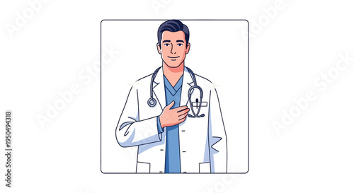 A male doctor wearing a white coat and stethoscope smiles while holding his chest on Doctors' Day in a medical appreciation illustration