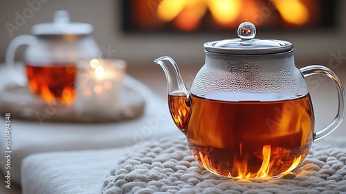 A tea pot sits next to a cup of tea on a table, perfect for a cozy afternoon