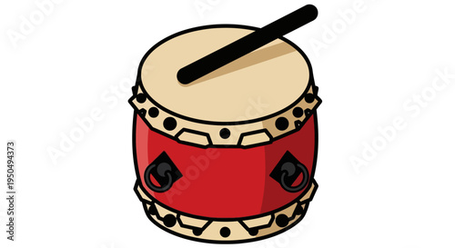 Traditional Chinese Drum with Mallet, Red and Beige