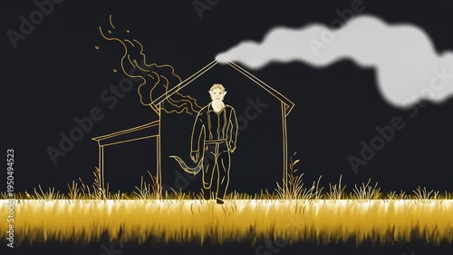 Animated Character Walking Through Smoke in a Rural House Night Scene - Minimalistic Illustration and Whimsical Design with Vibrant Colors