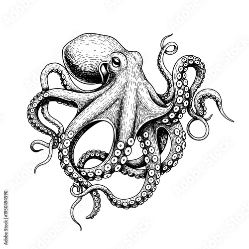 A detailed illustration of an octopus on a transparent background