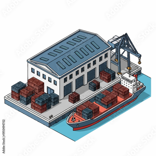 Isometric Port Warehouse with Cargo Ship and Crane.
