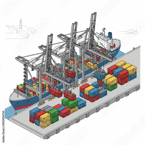 Container Ship Loading and Unloading at Port Terminal.