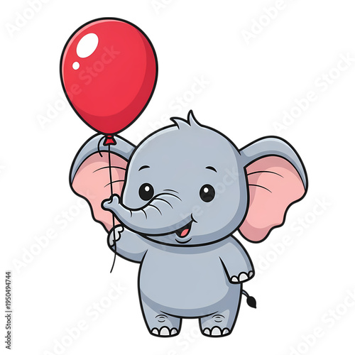 A cartoon elephant holding a red balloon on transparent background
