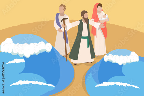3D Isometric Flat Vector Illustration of Miracle Of Moses , Splitting The Sea In The Bible