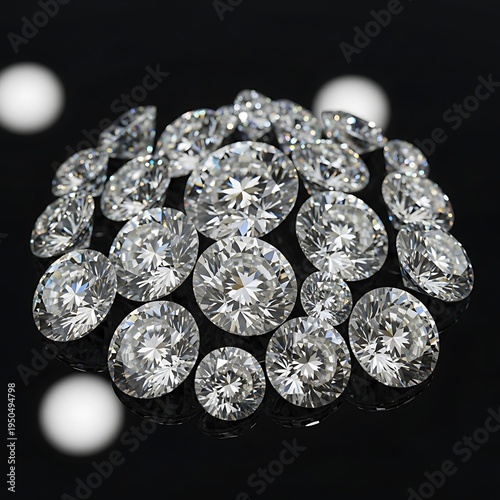 Collection of brilliant cut polished gemstones clustered closely on a dark reflective surface