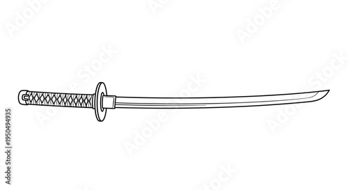Black and White Drawing of a Samurai Sword, Katana, Isolated on White Background
