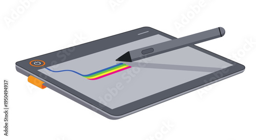 A graphic tablet with a stylus is drawing colorful lines on its screen.
